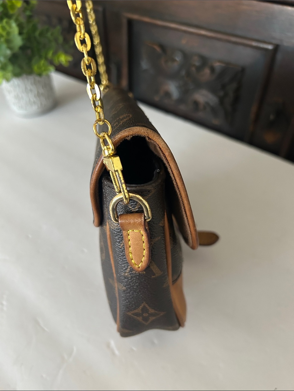 Beautiful Brown Monogram Saddle Bag with Gold Chain Strap - Picture 6 of 13